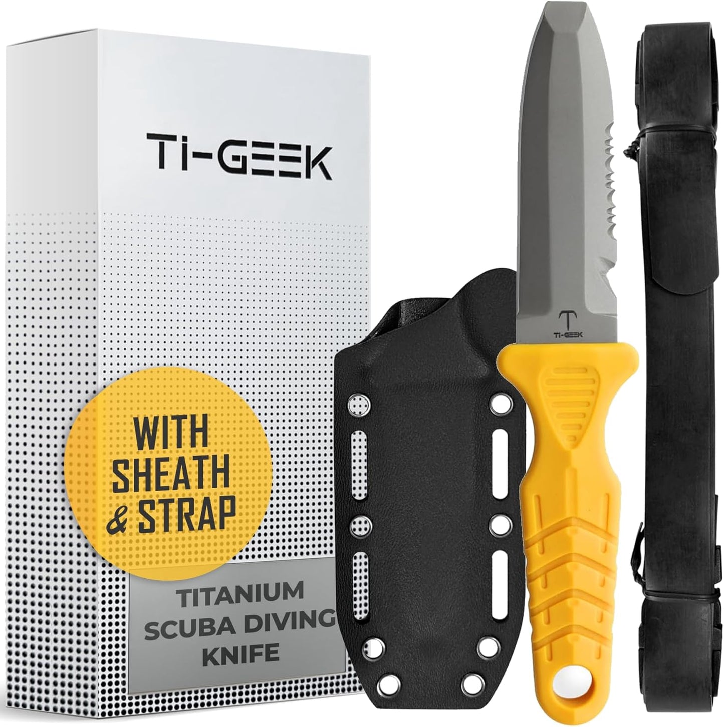 TI GEEK Titanium Survival Scuba Diving Fixed Blade Knife w Sheath & Straps - Holster on Divers BCD, Thigh/Leg, GC Belt Buckle or Wrist, Cutting, Serrated Edge & Line Cutter (Yellow Blunt Tip)