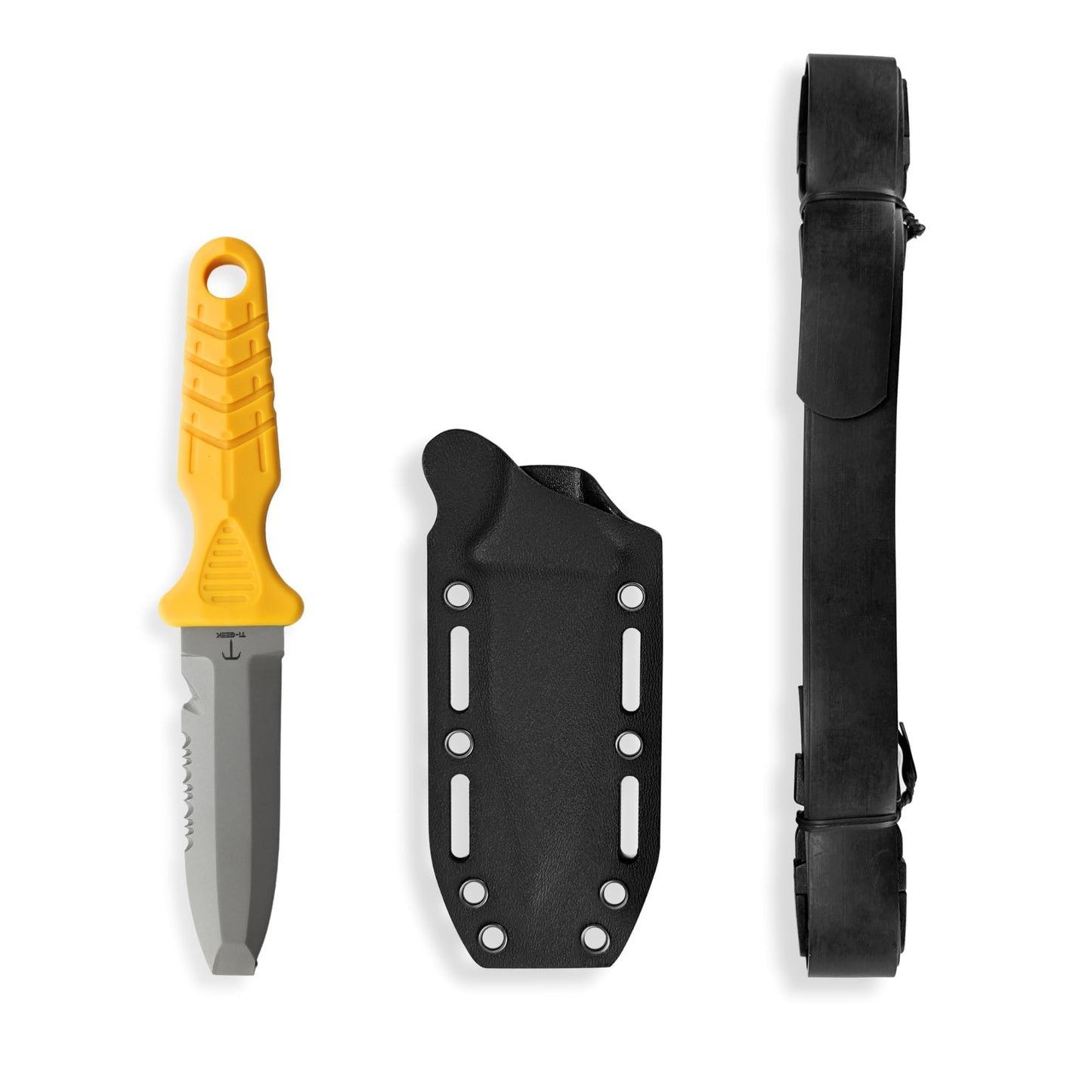 TI GEEK Titanium Survival Scuba Diving Fixed Blade Knife w Sheath & Straps - Holster on Divers BCD, Thigh/Leg, GC Belt Buckle or Wrist, Cutting, Serrated Edge & Line Cutter (Yellow Blunt Tip)