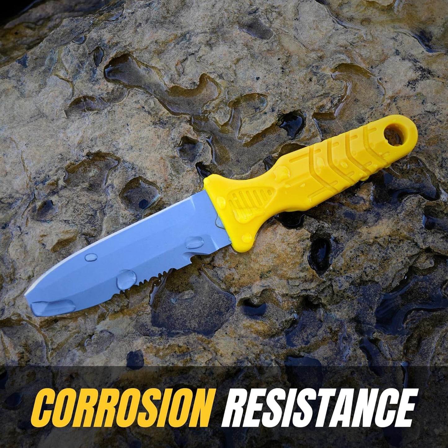 TI GEEK Titanium Survival Scuba Diving Fixed Blade Knife w Sheath & Straps - Holster on Divers BCD, Thigh/Leg, GC Belt Buckle or Wrist, Cutting, Serrated Edge & Line Cutter (Yellow Blunt Tip)