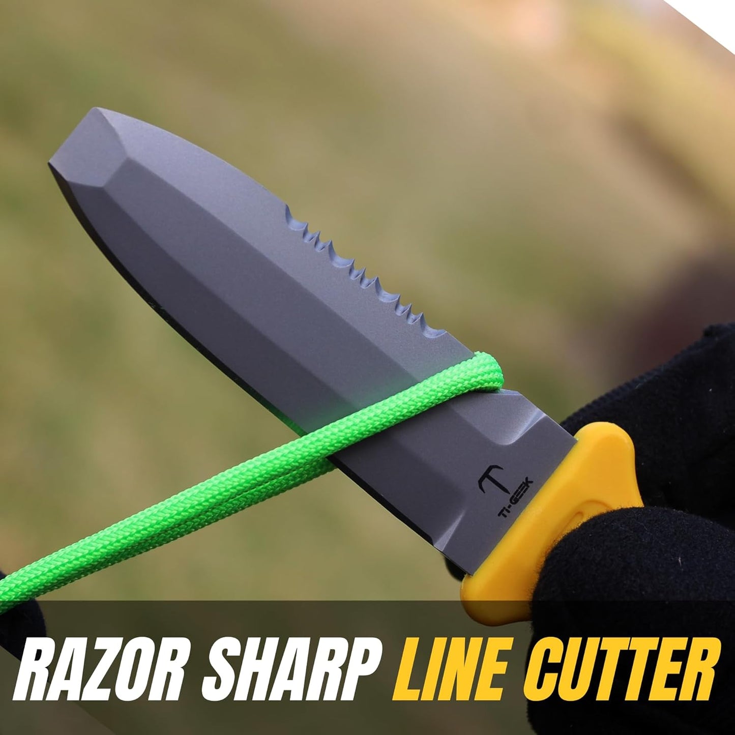 TI GEEK Titanium Survival Scuba Diving Fixed Blade Knife w Sheath & Straps - Holster on Divers BCD, Thigh/Leg, GC Belt Buckle or Wrist, Cutting, Serrated Edge & Line Cutter (Yellow Blunt Tip)