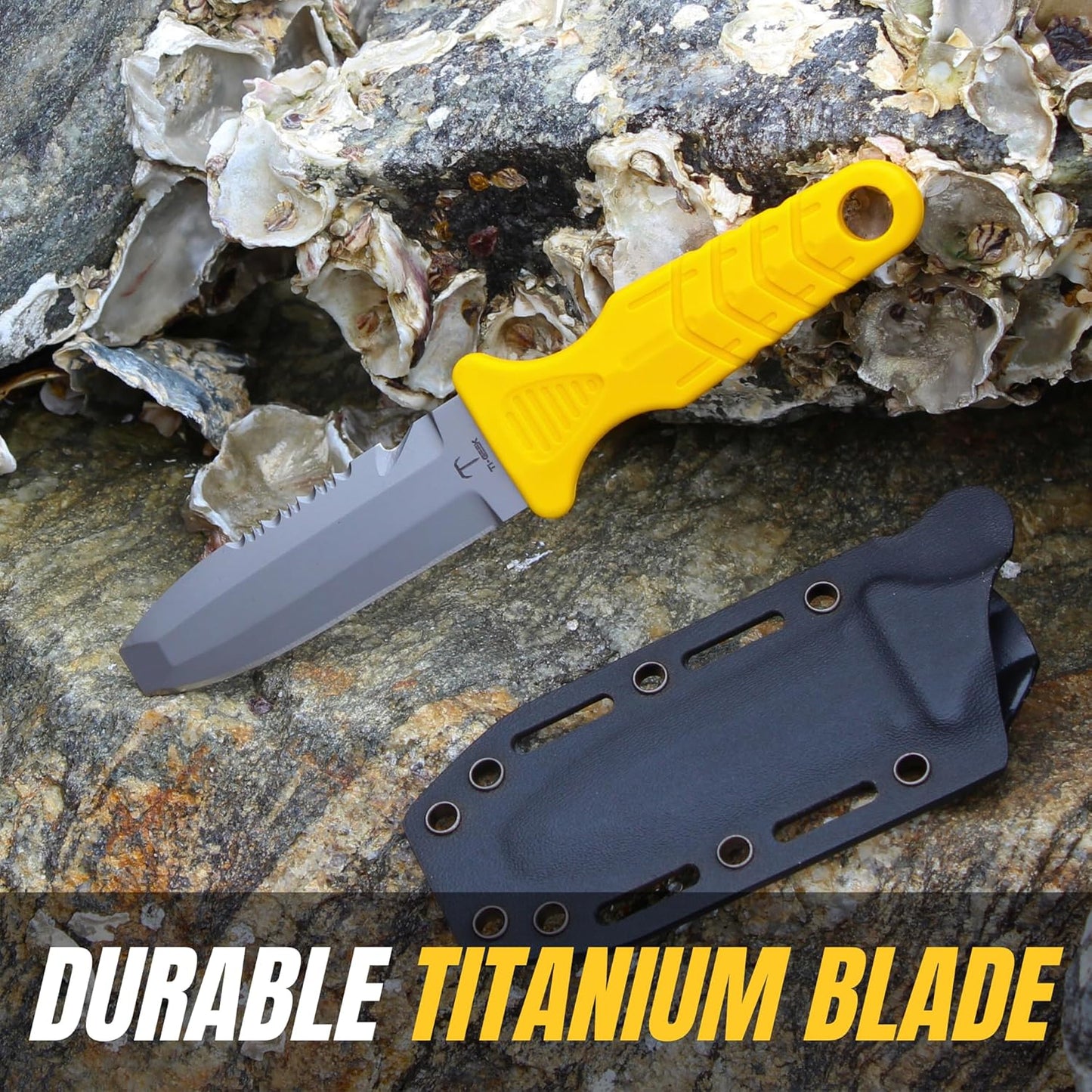TI GEEK Titanium Survival Scuba Diving Fixed Blade Knife w Sheath & Straps - Holster on Divers BCD, Thigh/Leg, GC Belt Buckle or Wrist, Cutting, Serrated Edge & Line Cutter (Yellow Blunt Tip)