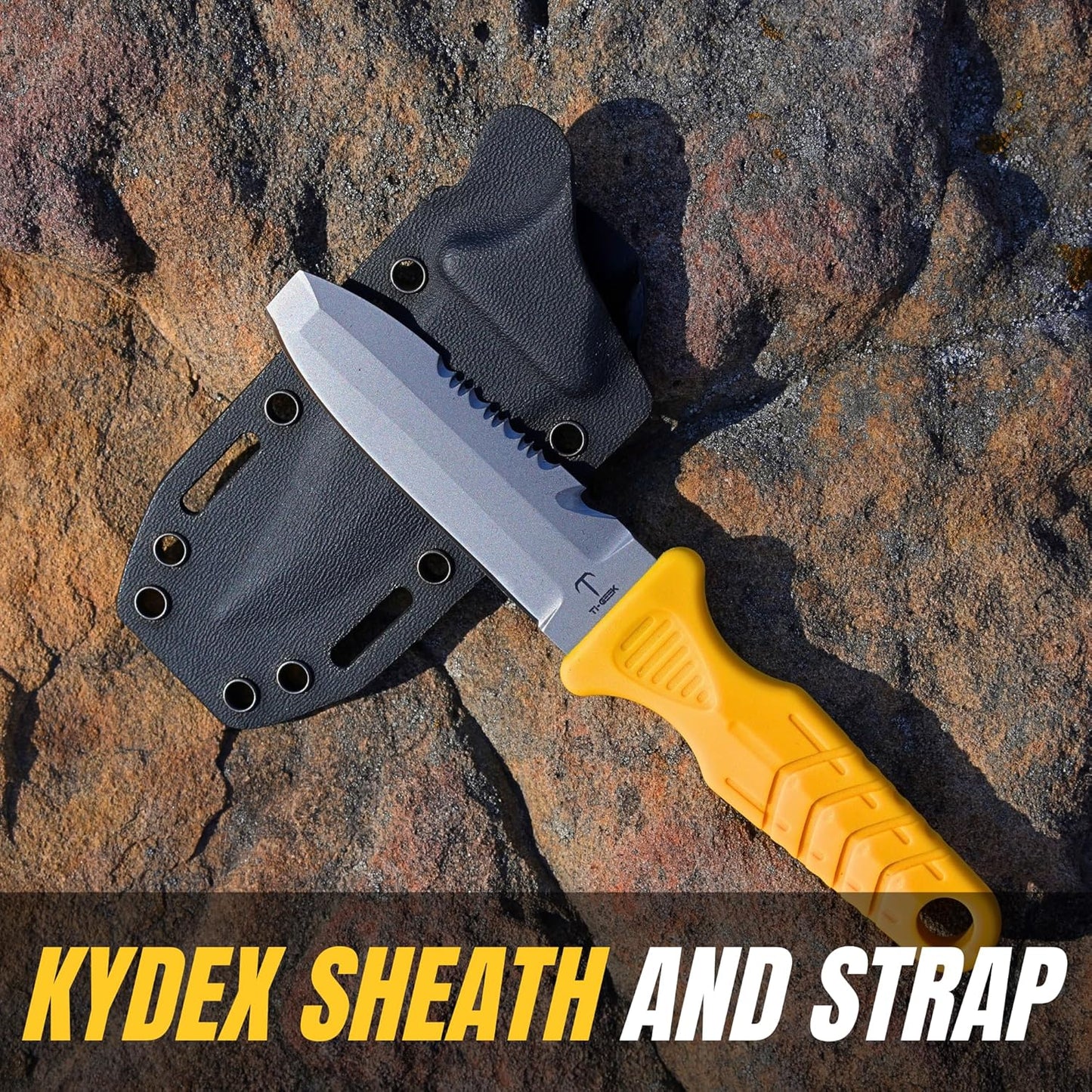 TI GEEK Titanium Survival Scuba Diving Fixed Blade Knife w Sheath & Straps - Holster on Divers BCD, Thigh/Leg, GC Belt Buckle or Wrist, Cutting, Serrated Edge & Line Cutter (Yellow Blunt Tip)