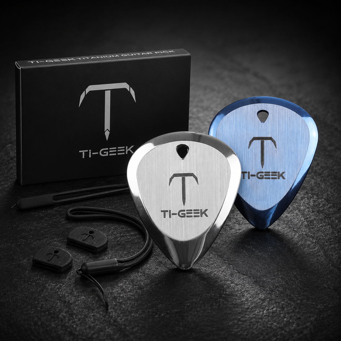 Ti-Geek Titanium Guitar Pick 2.8mm Thick – Premium Metal Guitar Pick with No-Slip Grip, Wrist Strap & Keychain Hole for Electric Guitar, Bass & Ukulele (Blue, Silver & 2-Pack Set)
